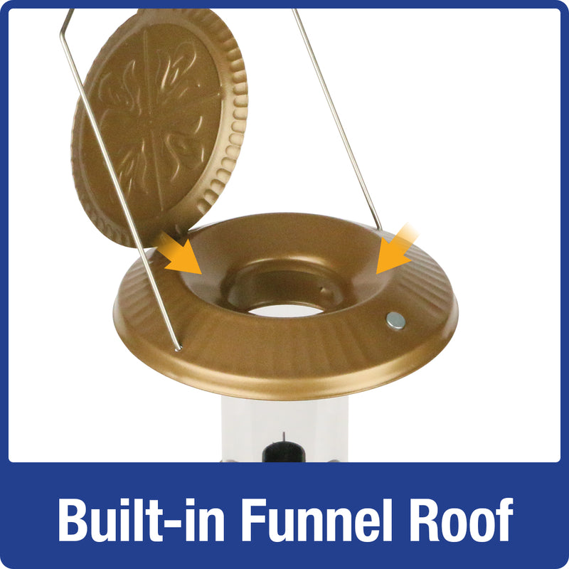 Load image into Gallery viewer, built-in funnel roof on the Nature's Way Deluxe Funnel Flip-Top Tube Feeder