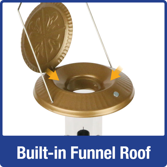built-in funnel roof on the Nature's Way Deluxe Funnel Flip-Top Tube Feeder