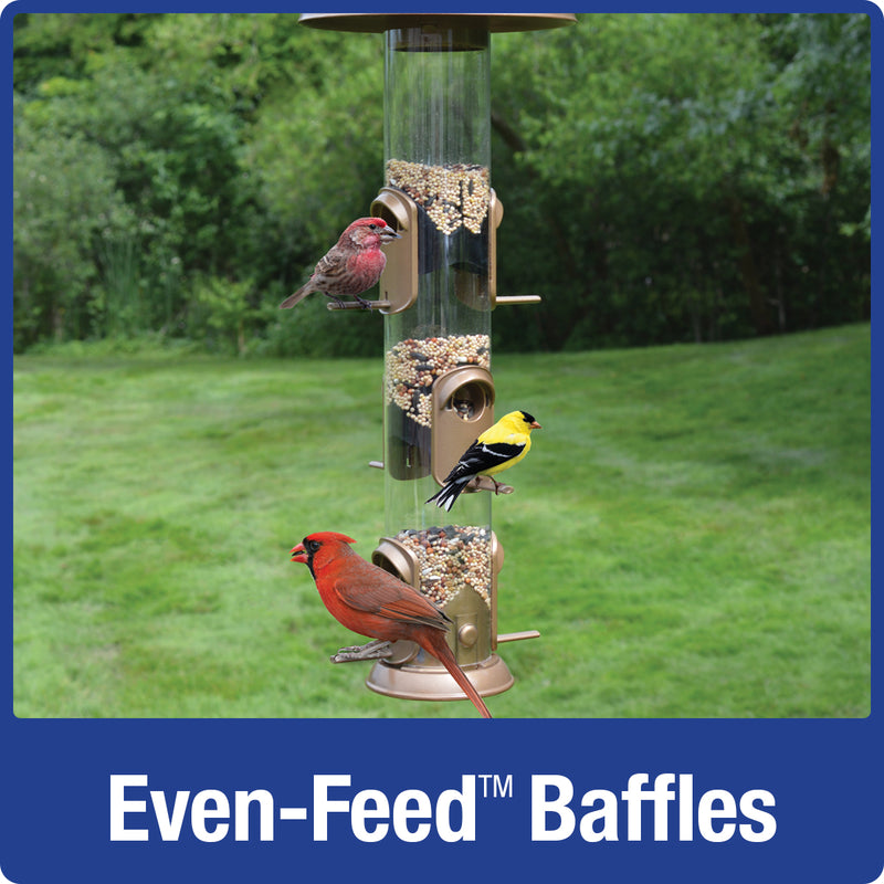 Load image into Gallery viewer, even feed baffles on the Nature's Way Deluxe Funnel Flip-Top Tube Feeder
