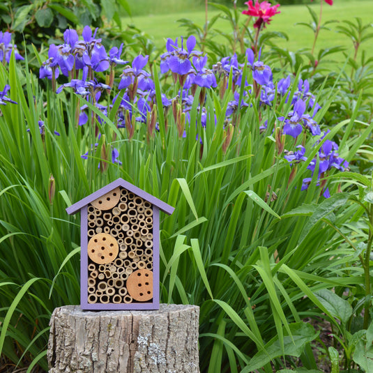 Better Gardens Bee House sitting on stump in garden