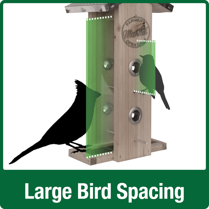 Load image into Gallery viewer, Demonstration of large bird spacing for Nature's Way Wild Wings decorative weathered vertical feeder