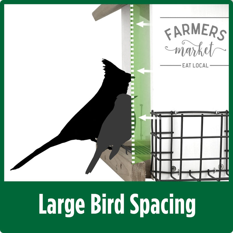 Load image into Gallery viewer, Demonstration of large bird spacing for Nature's Way Wild Wings Farmhouse Hopper Bird Feeder