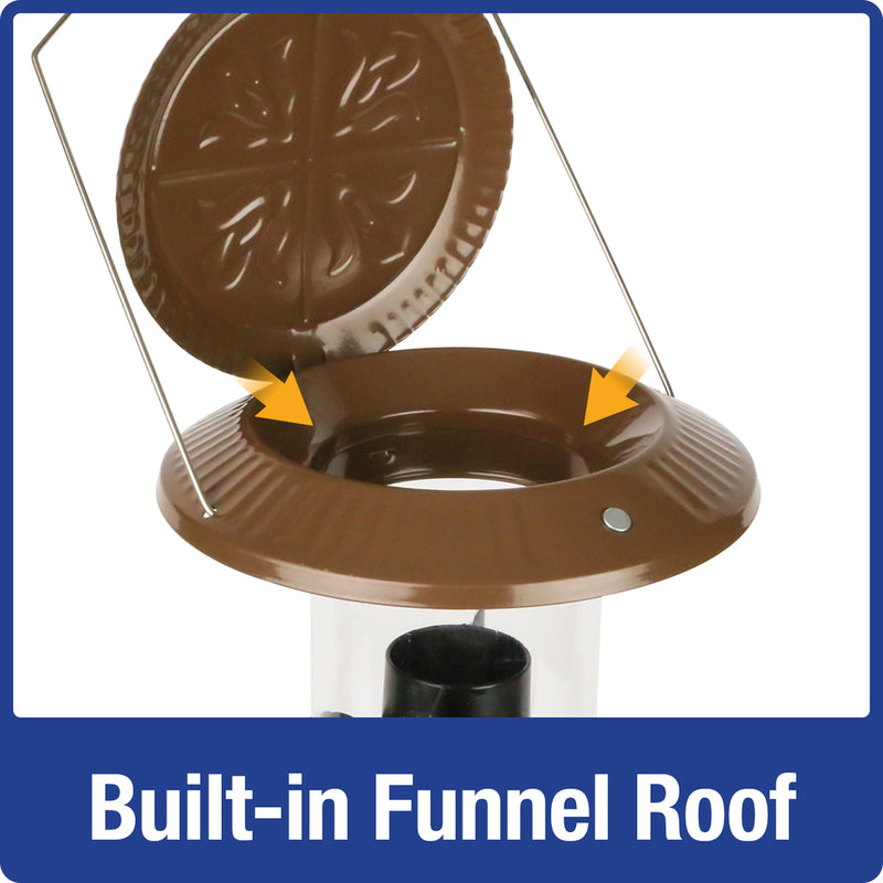 Load image into Gallery viewer, built in funnel roof on the Nature's Way Wide Deluxe Funnel Flip-Top Tube Feeder