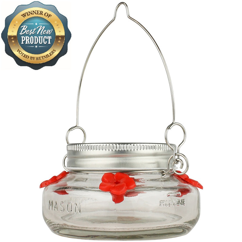 Load image into Gallery viewer, Winner of best new product, voted by retailers, on the Nature's Way Mason Jar Hummingbird Feeder
