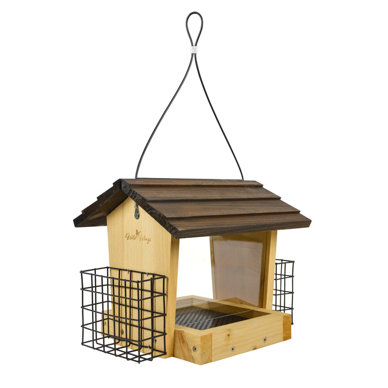 Load image into Gallery viewer, Angled side view of Nature&#39;s Way 3 QT Hopper cedar bird Feeder with two Suet Cages
