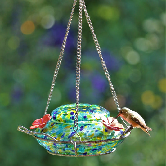 One hummingbird feeding from the Nature's Way Illuminated Hummingbird hand blown glass Feeder 