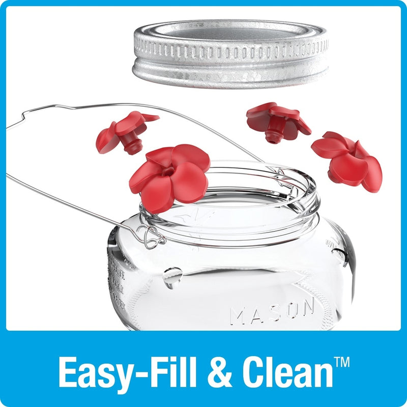 Load image into Gallery viewer, expanded view of all removable parts for easy filling and cleaning on the Nature's Way Mason Jar Hummingbird Feeder