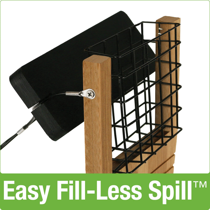 Load image into Gallery viewer, Demonstration of easy fill-less spill roof with no tools required on Nature's Way Tail-prop Suet Bamboo bird Feeder