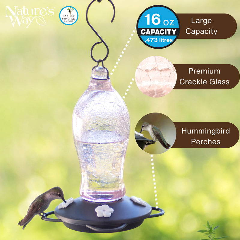 Load image into Gallery viewer, Blush Crackle Artisan Glass Gravity Hummingbird Feeder
