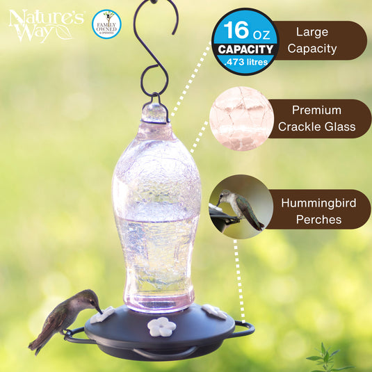 Blush Crackle Artisan Glass Gravity Hummingbird Feeder