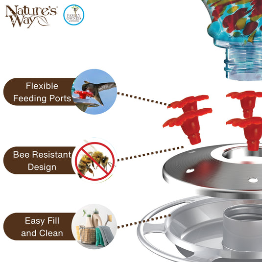 Sunny Day Artisan Handblown Glass Gravity Hummingbird Feeder