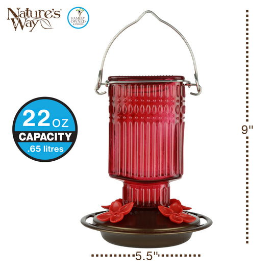 Red Dahlia Antique Glass Gravity Hummingbird Feeder