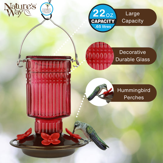 Red Dahlia Antique Glass Gravity Hummingbird Feeder