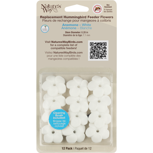 Hummingbird Feeder Replacement Flowers w/ Cleaning Brush - Anemone, White, 12