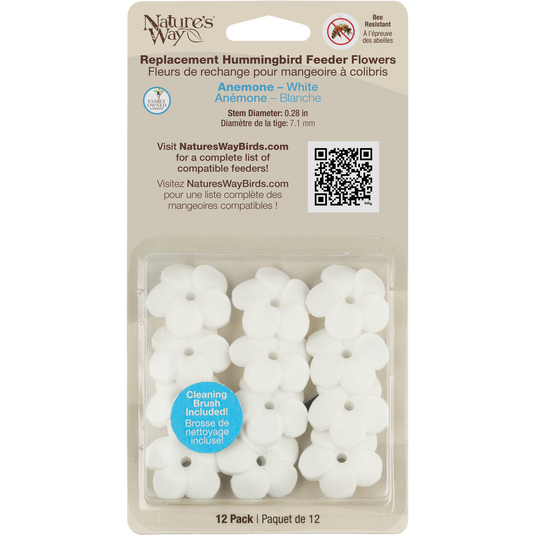 Hummingbird Feeder Replacement Flowers w/ Cleaning Brush - Anemone, White, 12