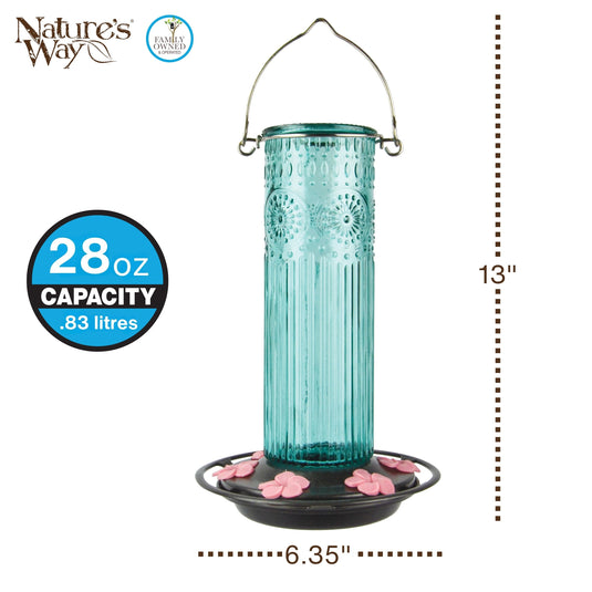 Antique Teal Glass Gravity Hummingbird Feeder