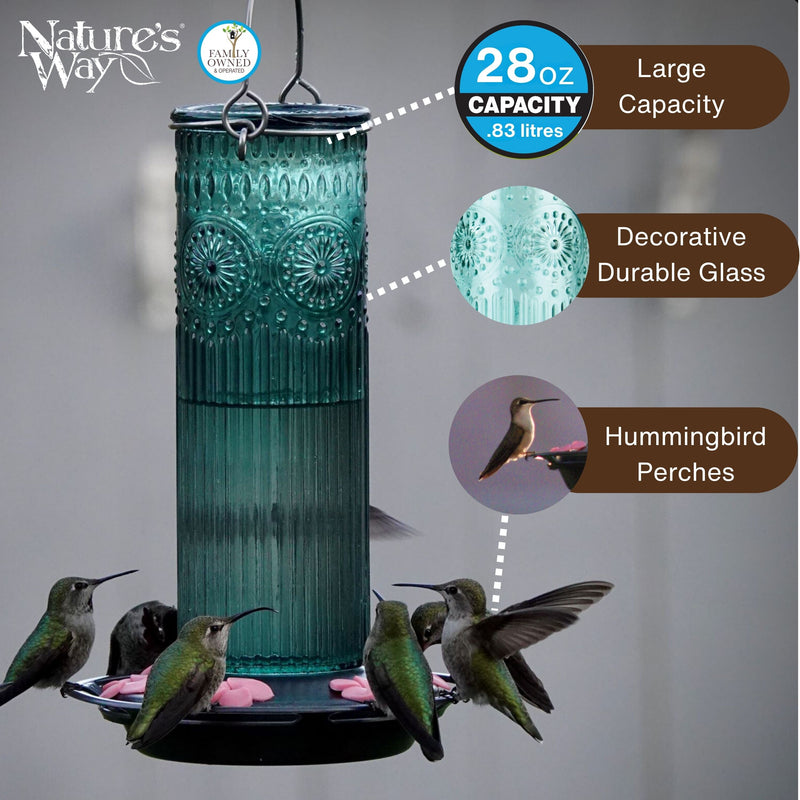 Load image into Gallery viewer, Antique Teal Glass Gravity Hummingbird Feeder
