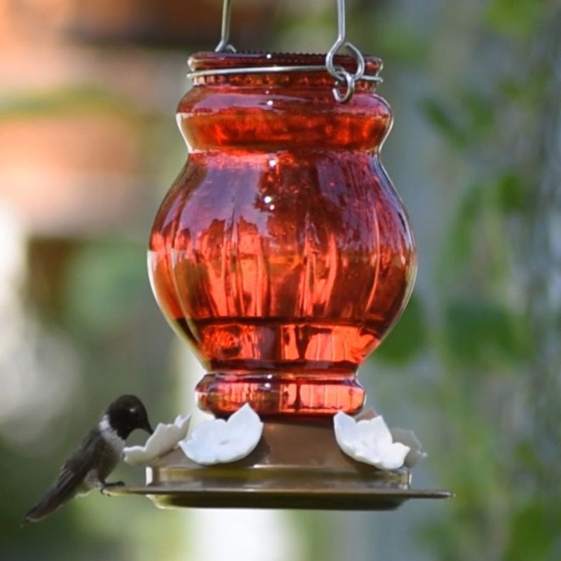 Load image into Gallery viewer, Ruby Visions Antique Glass Gravity Hummingbird Feeder - 25 oz (Model# ANTGHF6)
