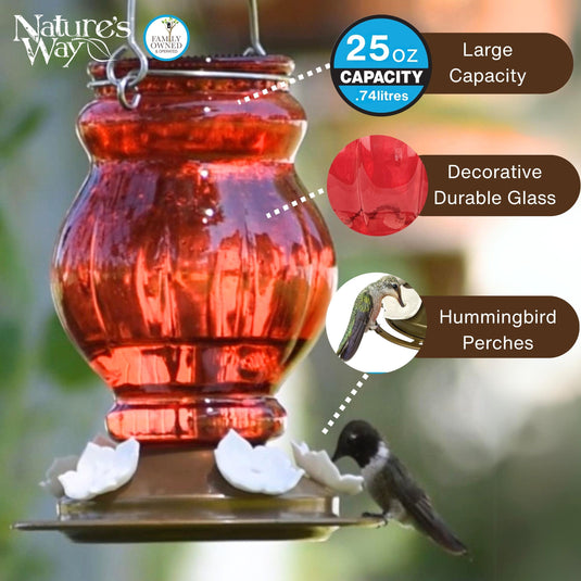 Ruby Visions Antique Glass Gravity Hummingbird Feeder