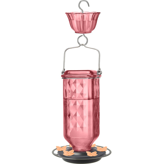 Rosewood Column Antique Glass Gravity Hummingbird Feeder with Ant Moat