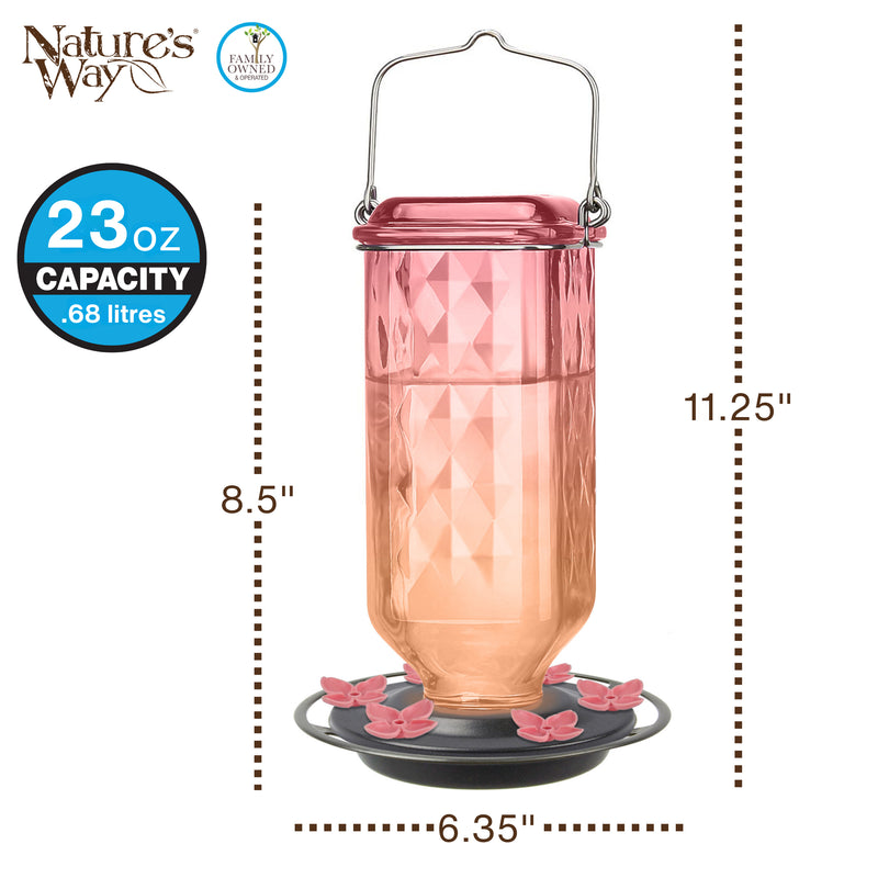 Load image into Gallery viewer, Peachy Pink Ombre Column Antique Glass Gravity Hummingbird Feeder
