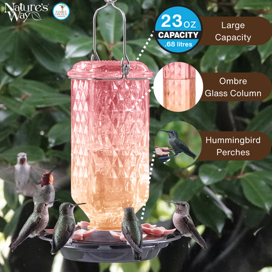 Peachy Pink Ombre Column Antique Glass Gravity Hummingbird Feeder
