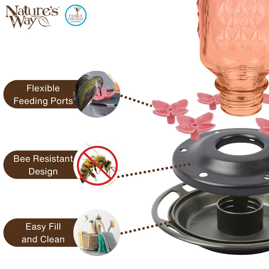 Peachy Pink Ombre Column Antique Glass Gravity Hummingbird Feeder
