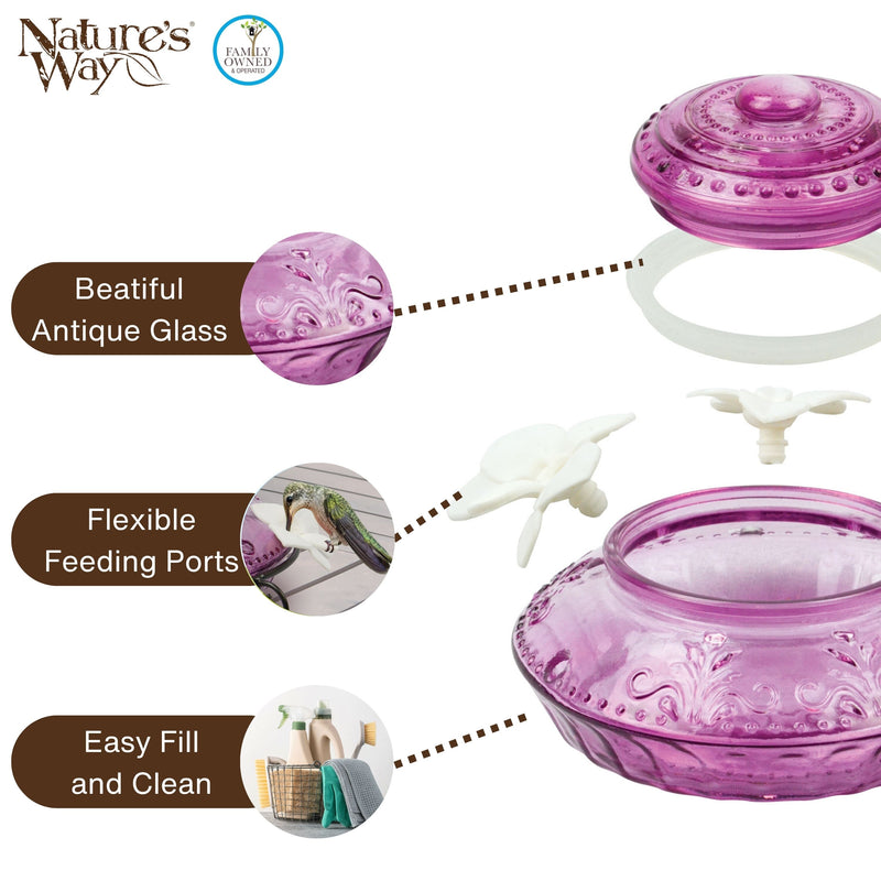 Load image into Gallery viewer, Plum Antique Glass Top-Fill Dish Hummingbird Feeder
