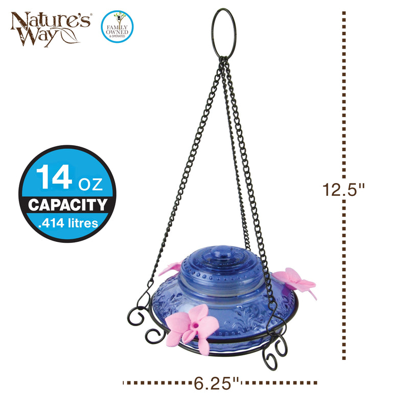 Load image into Gallery viewer, Illuminated Blue Antique Top-Fill Dish Hummingbird Feeder
