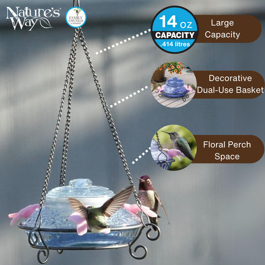 Illuminated Blue Antique Top-Fill Dish Hummingbird Feeder