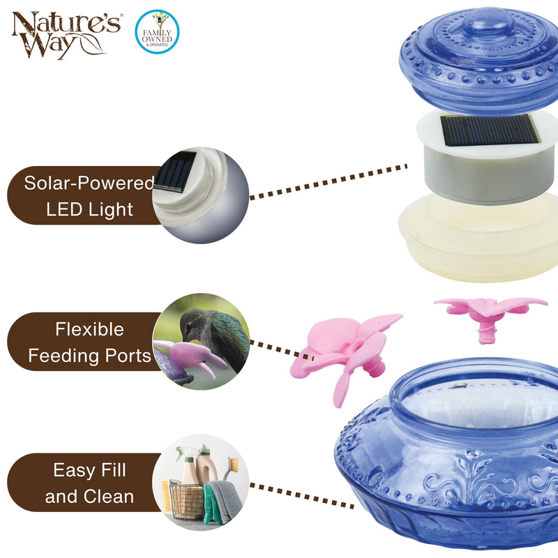 Load image into Gallery viewer, Illuminated Blue Antique Top-Fill Dish Hummingbird Feeder
