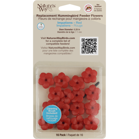Hummingbird Feeder Replacement Flowers w/ Cleaning Brush - Impatiens, Red, 16