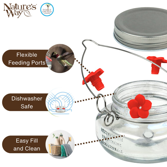 Mason Jar Glass Top-Fill Dish Hummingbird Feeder