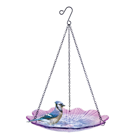 11” Recycled Glass Hanging Combination Bird Feeder and Bath - Violet Begonia