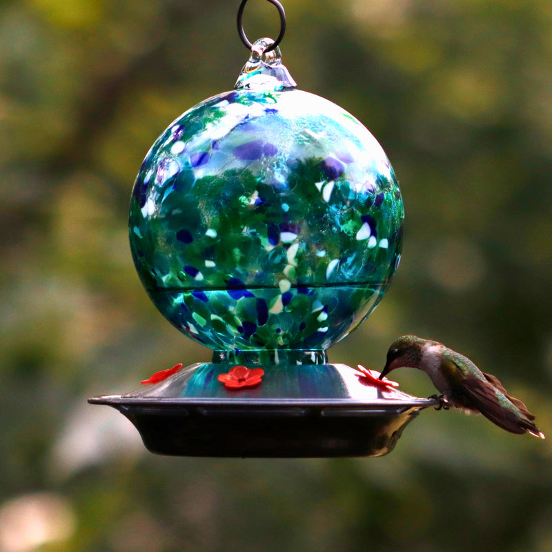 Load image into Gallery viewer, Garden Globe Handblown Recycled Glass Hummingbird Feeder
