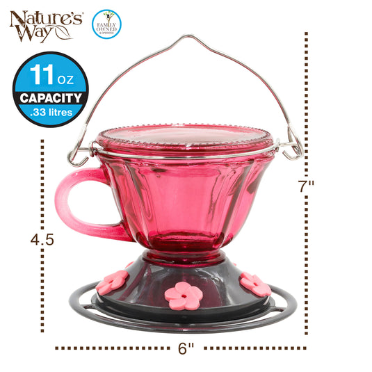Sweet Sipper Teacup Glass Hummingbird Feeder, 11 oz, Plum