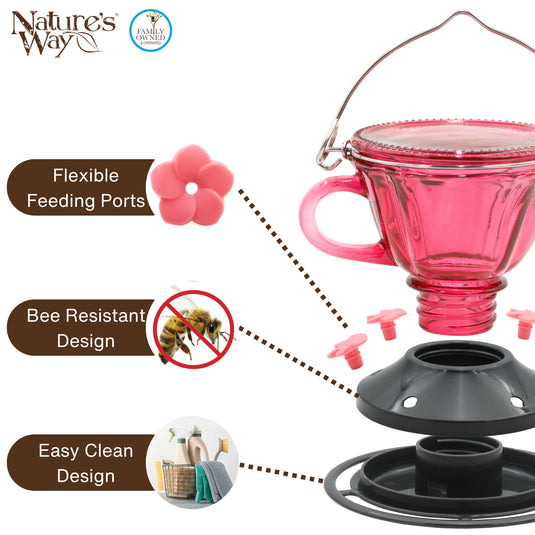 Sweet Sipper Teacup Glass Hummingbird Feeder, 11 oz, Plum