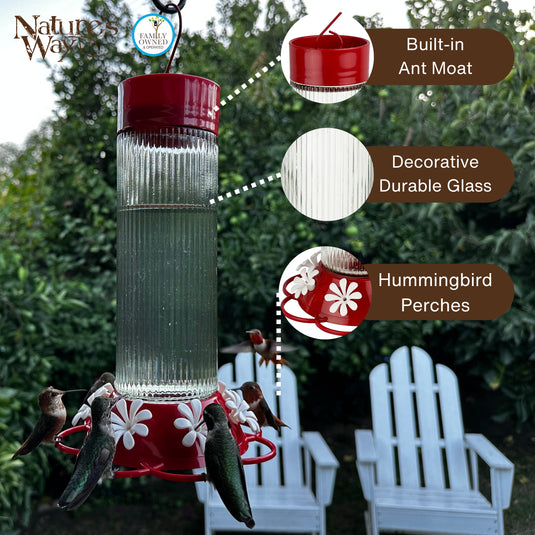 Ribbed Rose Glass Gravity Hummingbird Feeder