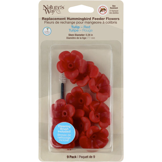 Red Tulip Hummingbird Feeder Replacement Flowers w/ Cleaning Brush, 9 ct