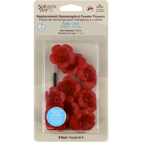 Hummingbird Feeder Replacement Flowers w/ Cleaning Brush - Tulip, Red, 9