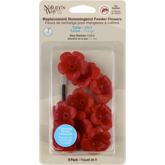 Hummingbird Feeder Replacement Flowers w/ Cleaning Brush - Tulip, Red, 9