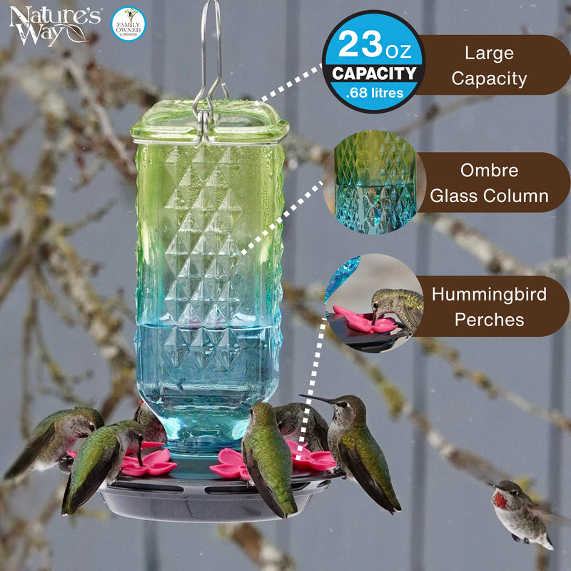 Load image into Gallery viewer, Seafoam Ombre Column Antique Glass Gravity Hummingbird Feeder
