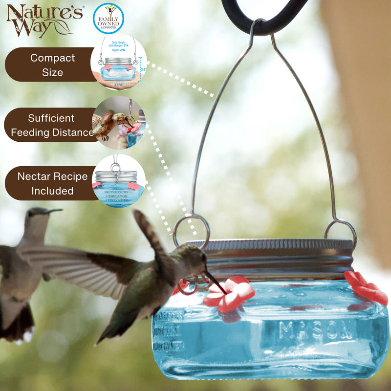 Load image into Gallery viewer, Antique Teal Mason Jar Glass Top-Fill Dish Hummingbird Feeder
