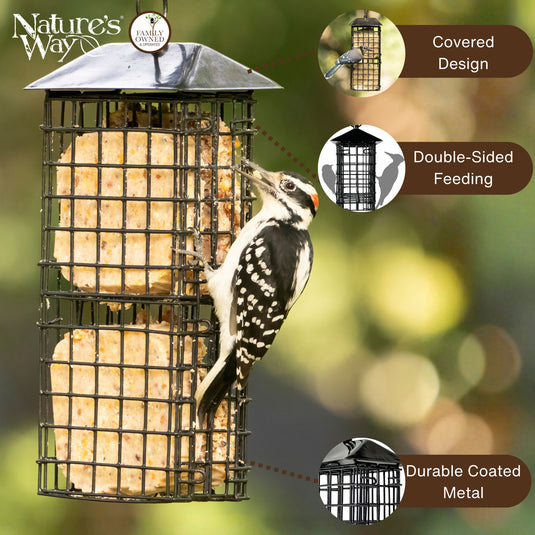 Metal Four Cake Suet Cage Bird Feeder w/ Roof - Four Cake