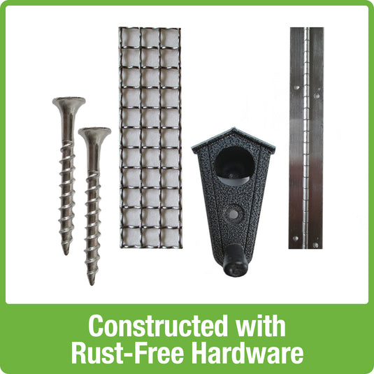Screws, steel mesh, feeding ports and brackets are constructed with rust-free hardware on all Nature's Way bird products