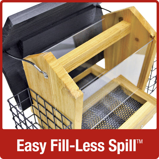 Easy fill-less spill design with no tools required on Nature's Way 3 QT Hopper cedar bird Feeder with two Suet Cages