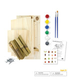 Contents included: pre-cut wood pieces, nails, bamboo tubes, 6 acrylic paints, 2 paint brushes, stickers, and easy-to-follow instructions