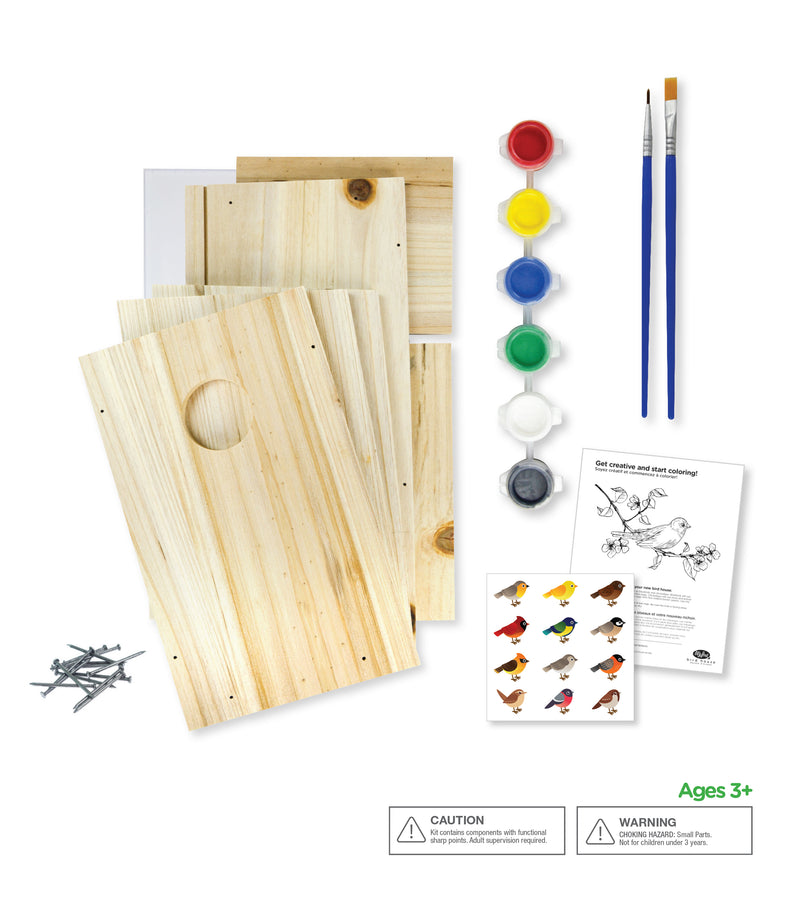 Load image into Gallery viewer, Contents included: pre-cut wood pieces, nails, plastic viewing window, 6 acrylic paints, 2 paint brushes, stickers, and easy-to-follow instructions
