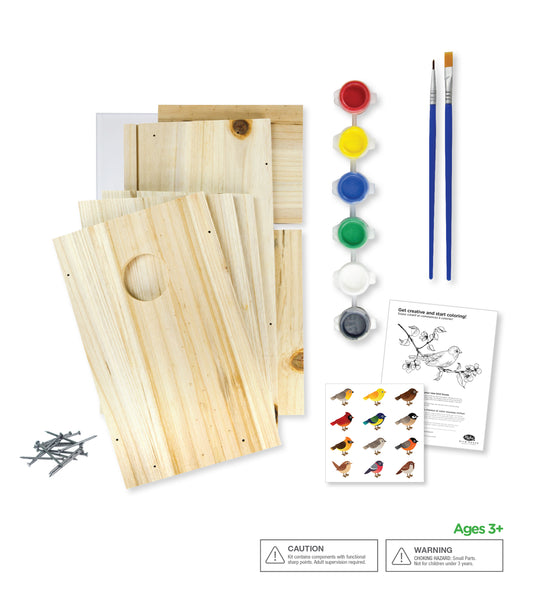 Contents included: pre-cut wood pieces, nails, plastic viewing window, 6 acrylic paints, 2 paint brushes, stickers, and easy-to-follow instructions