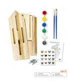 Contents included: pre-cut wood pieces, nails, 6 acrylic paints, 2 paint brushes, stickers, and easy-to-follow instructions